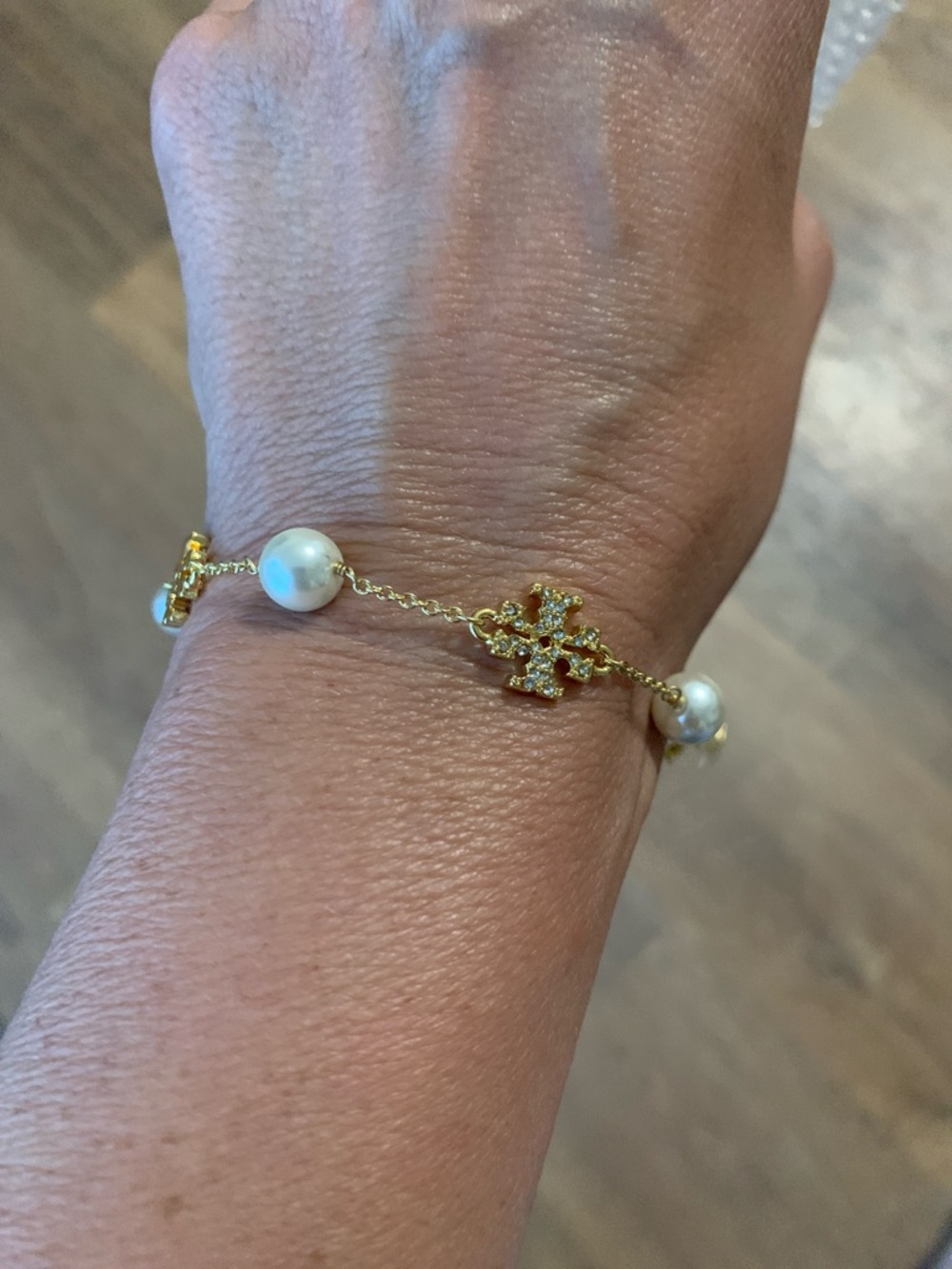 Tory Burch Gold Pearl Station Bracelet with Crystal Tory logo Accent